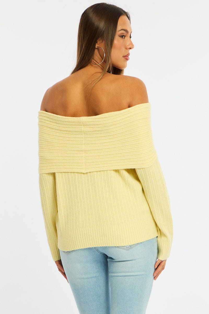 Yellow Fold Down Bardot Knit Top Long Sleeve for Ally Fashion