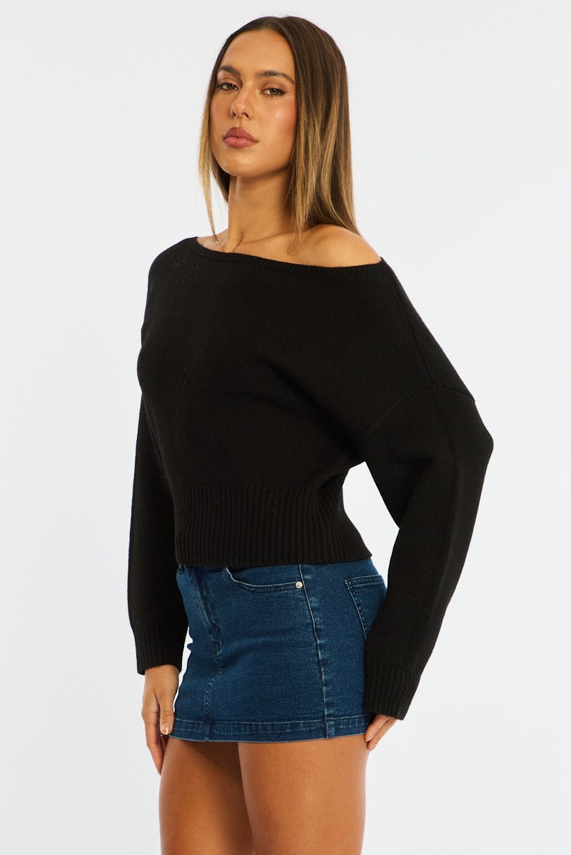 Black Knit Top Off Shoulder Long Sleeve for Ally Fashion