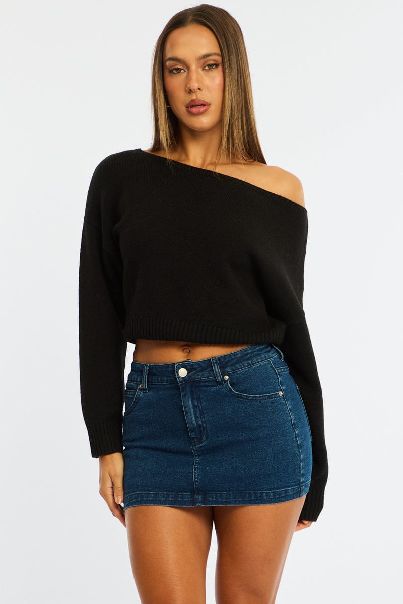 Black Knit Top Off Shoulder Long Sleeve for Ally Fashion