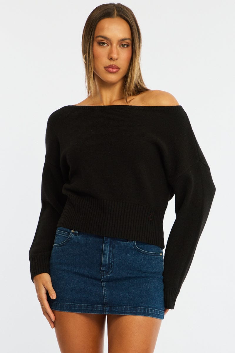 Black Knit Top Off Shoulder Long Sleeve for Ally Fashion