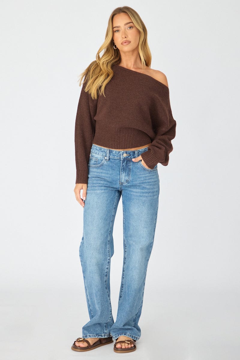 Brown Knit Top Off Shoulder Long Sleeve for Ally Fashion