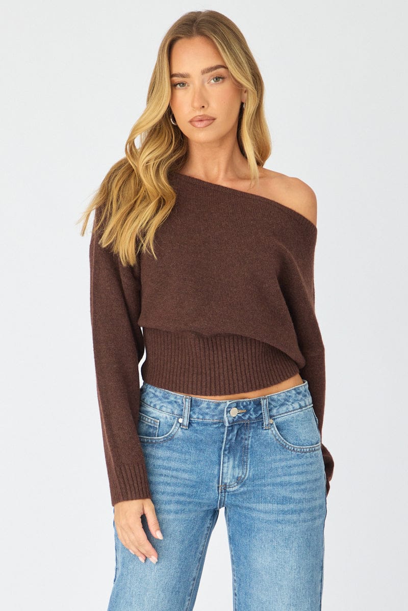 Brown Knit Top Off Shoulder Long Sleeve for Ally Fashion