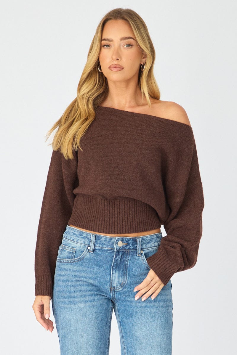 Brown Knit Top Off Shoulder Long Sleeve for Ally Fashion