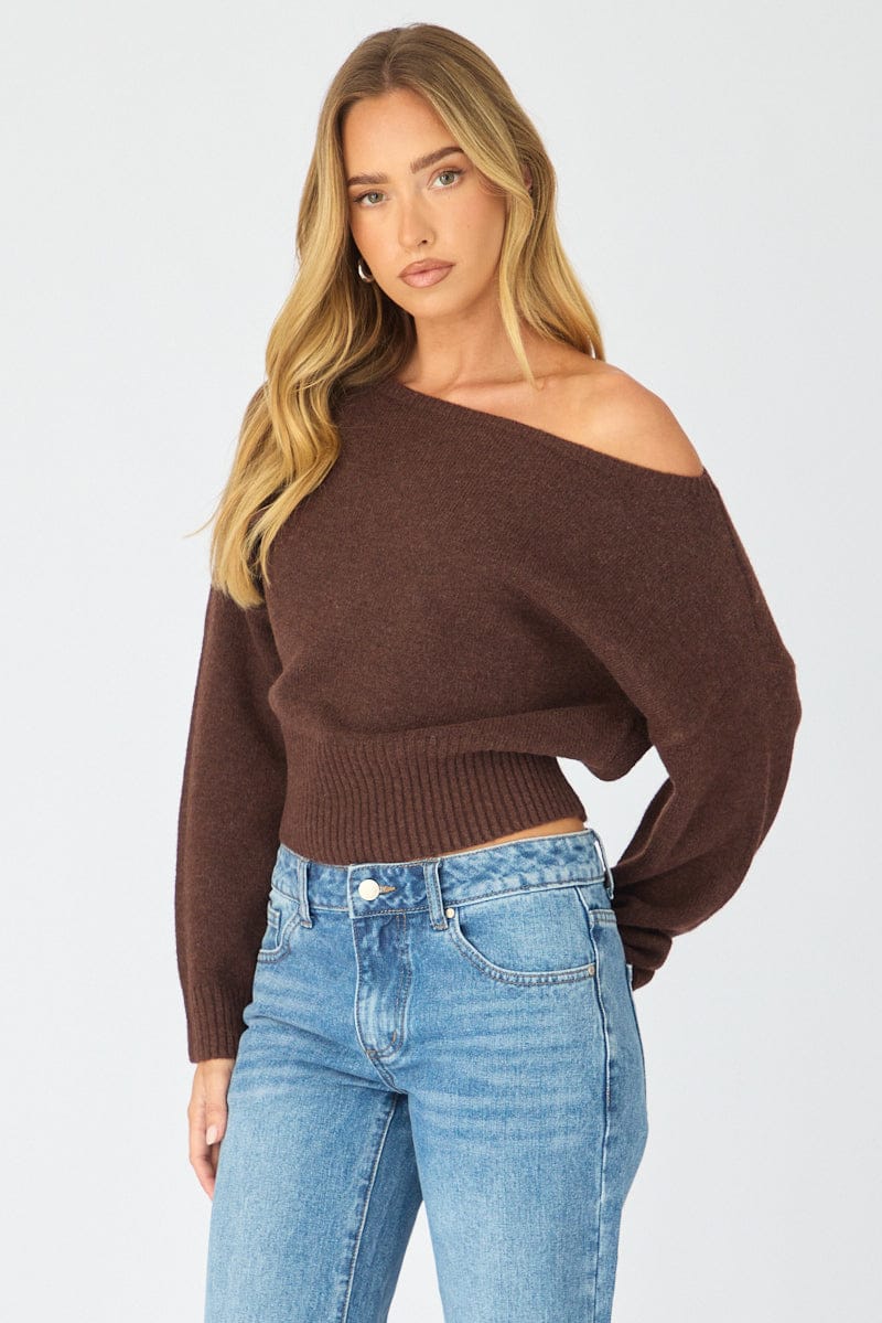 Brown Knit Top Off Shoulder Long Sleeve for Ally Fashion