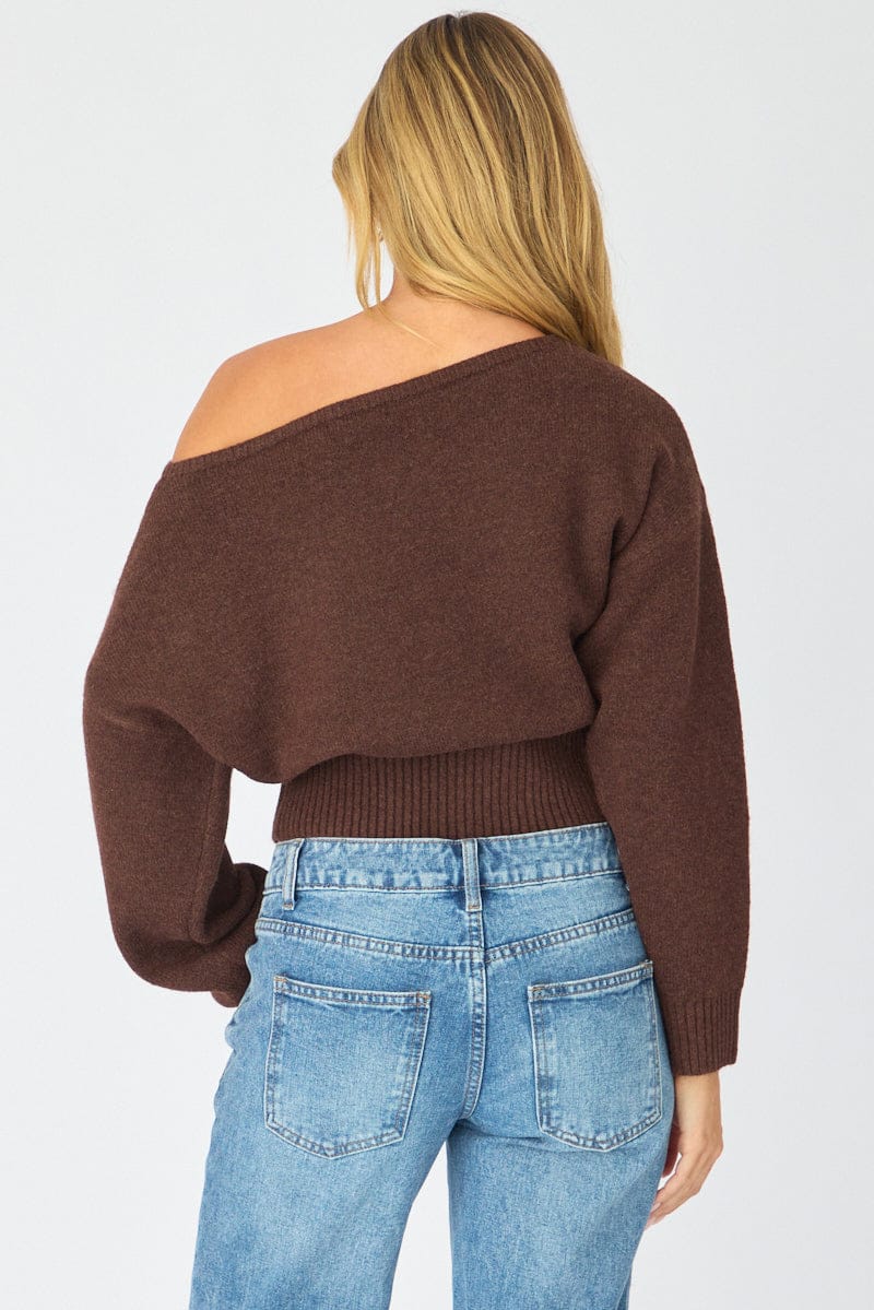 Brown Knit Top Off Shoulder Long Sleeve for Ally Fashion