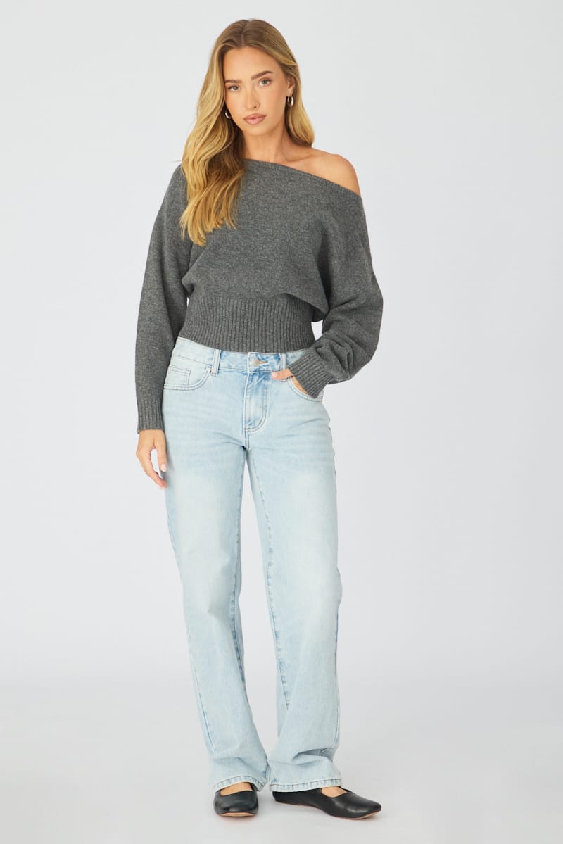 Grey Knit Top Off Shoulder Long Sleeve for Ally Fashion