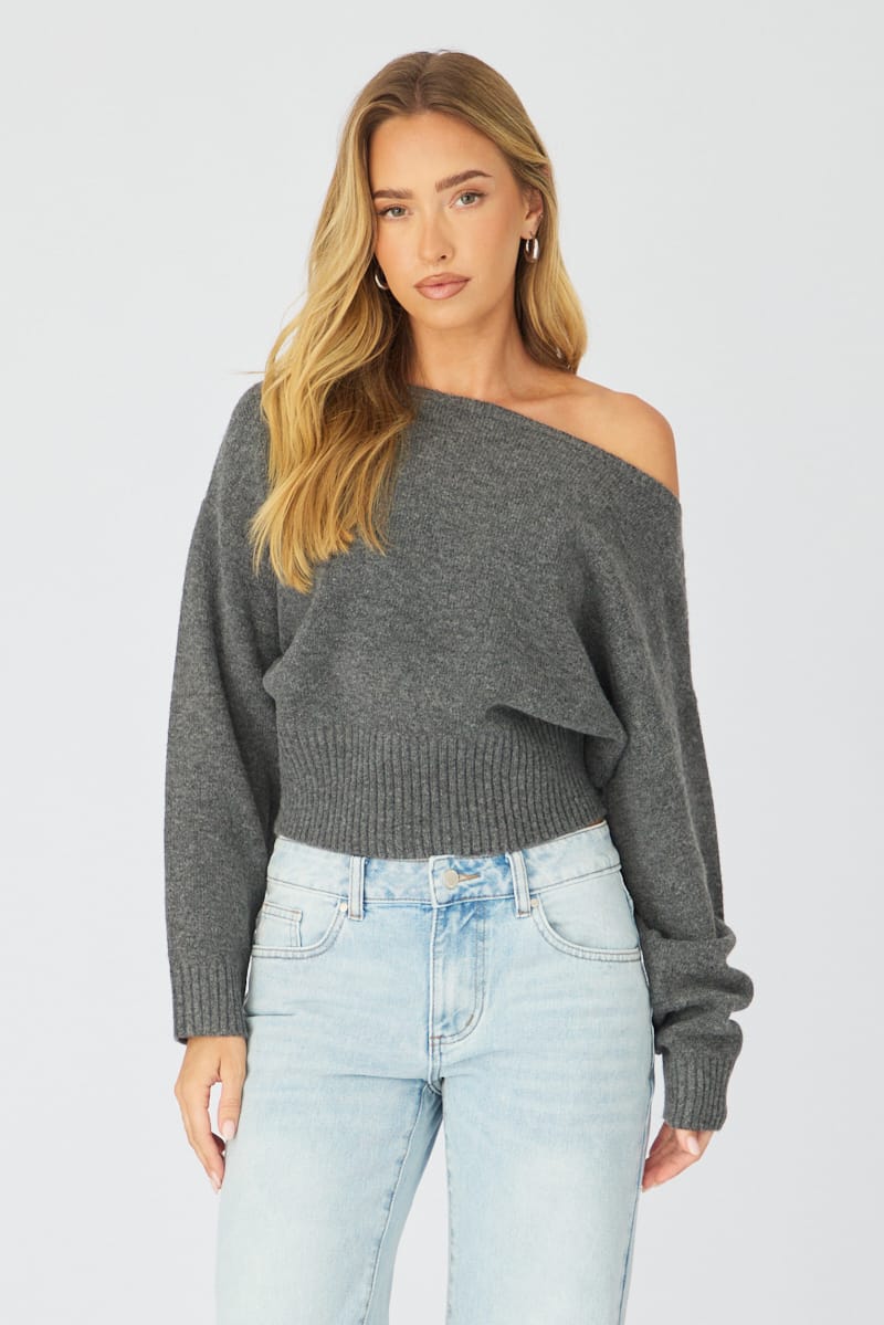 Grey Knit Top Off Shoulder Long Sleeve for Ally Fashion