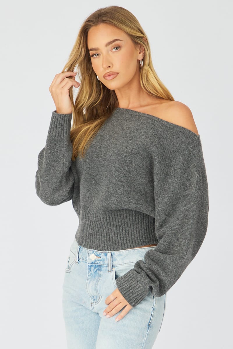 Grey Knit Top Off Shoulder Long Sleeve for Ally Fashion