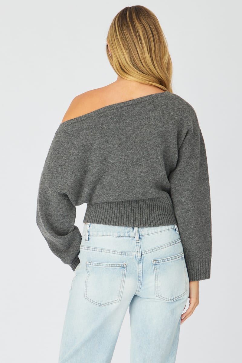 Grey Knit Top Off Shoulder Long Sleeve for Ally Fashion