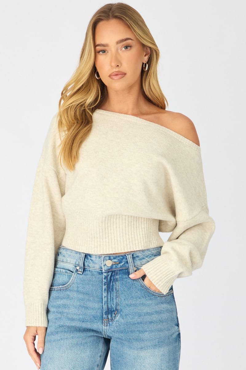 Beige Knit Top Off Shoulder Long Sleeve for Ally Fashion