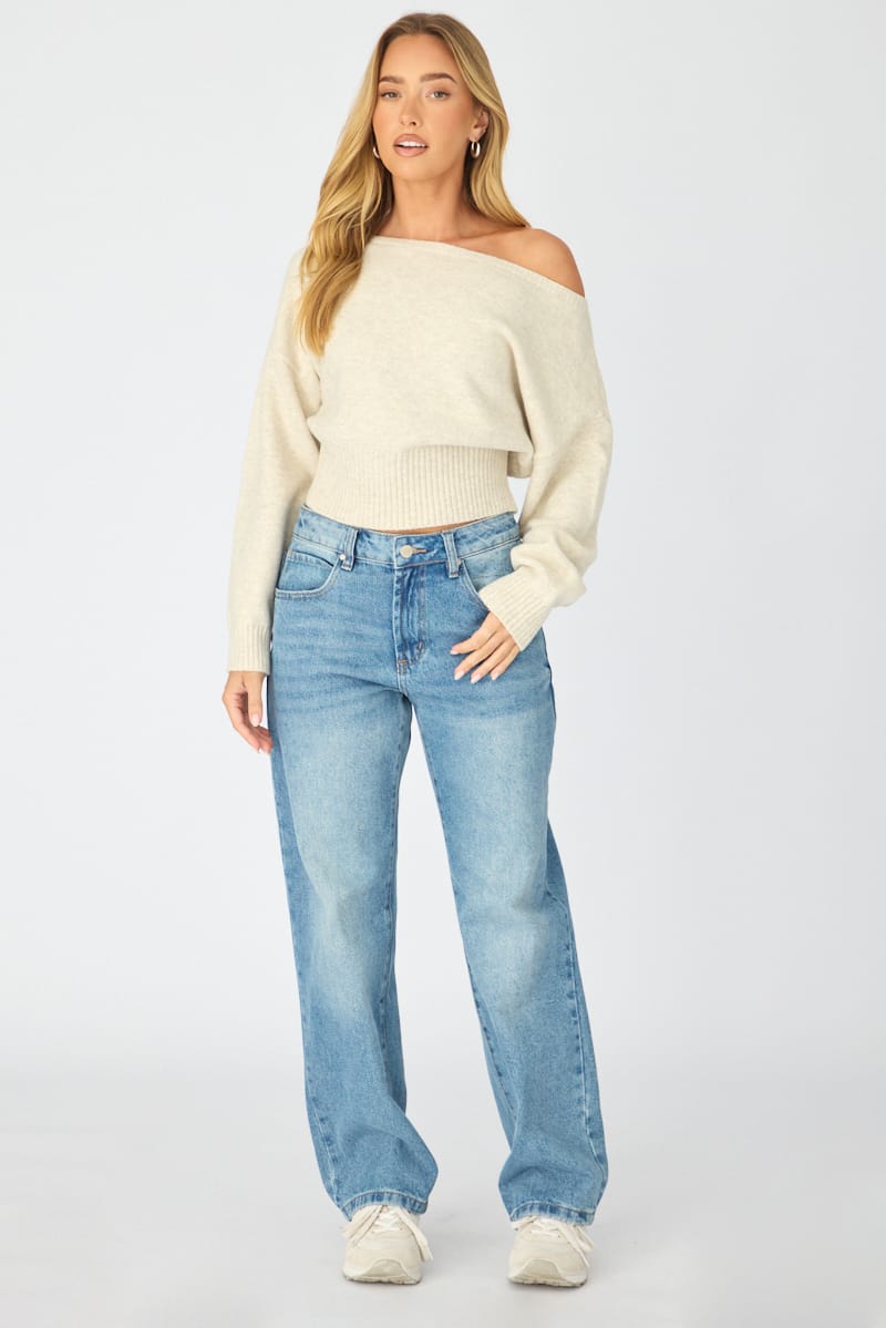 Beige Knit Top Off Shoulder Long Sleeve for Ally Fashion