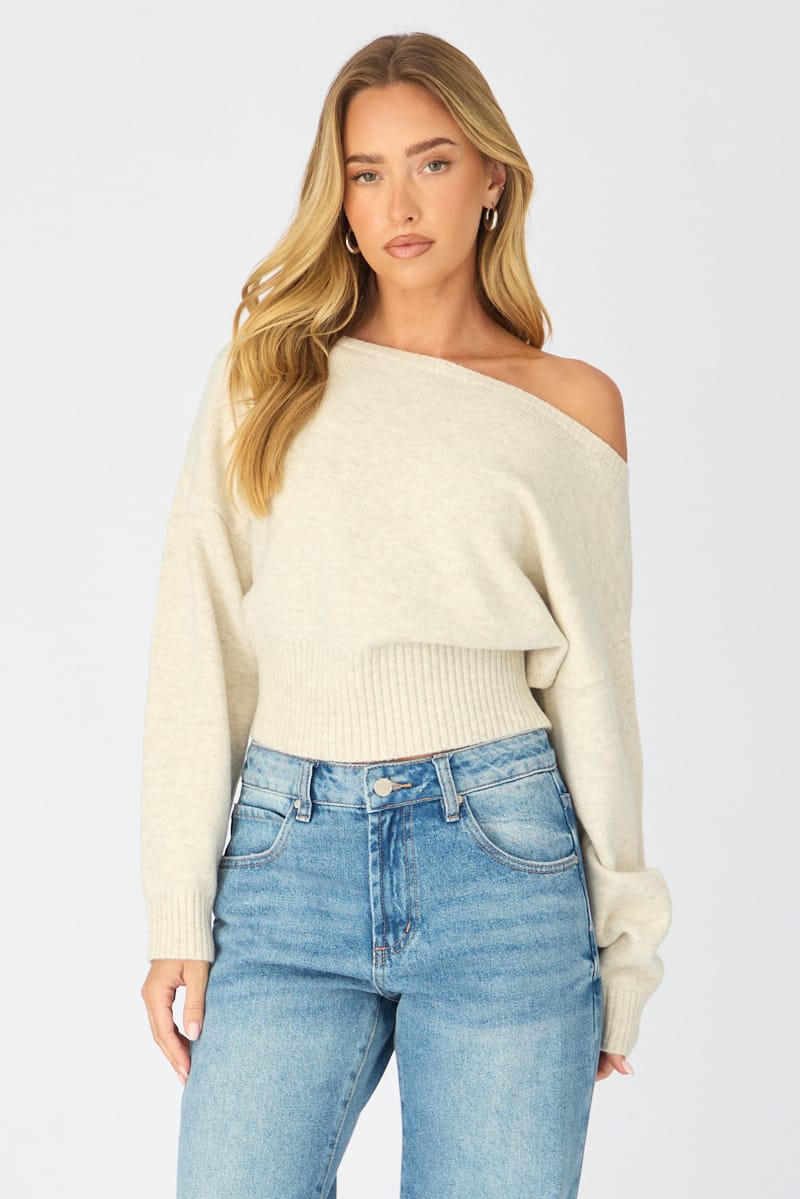 Beige Knit Top Off Shoulder Long Sleeve for Ally Fashion