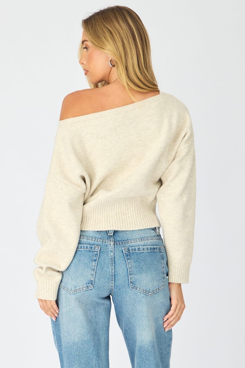 Beige Knit Top Off Shoulder Long Sleeve for Ally Fashion