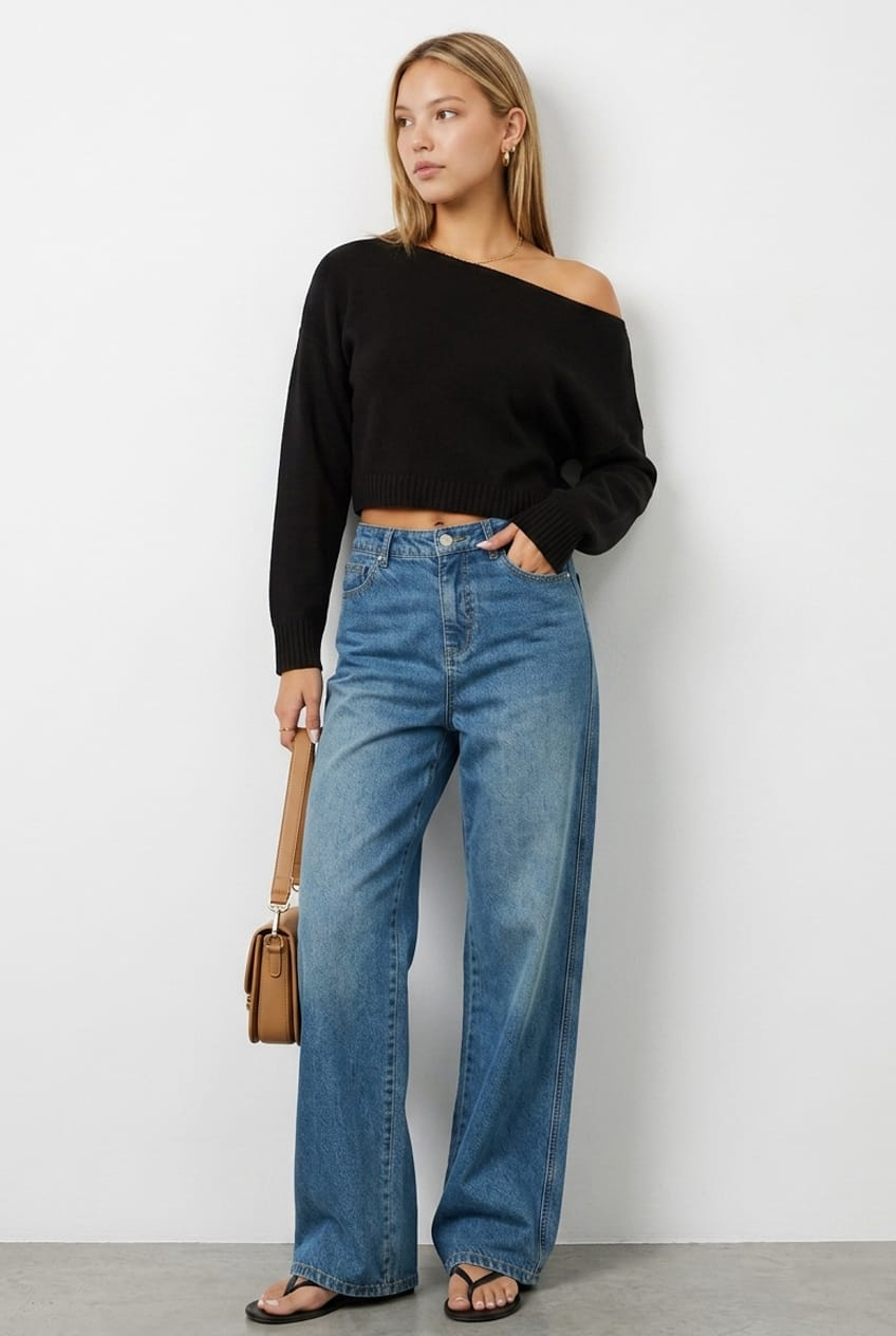 Black Knit Top Off-Shoulder Long-Sleeve from Ally Fashion