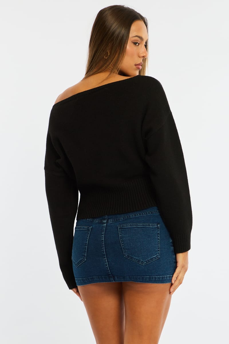Black Knit Top Off Shoulder Long Sleeve for Ally Fashion
