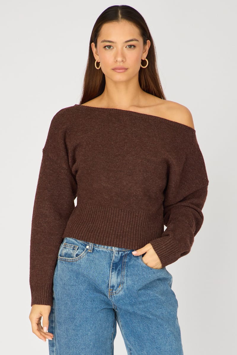 Brown Knit Top Off-Shoulder Long-Sleeve from Ally Fashion