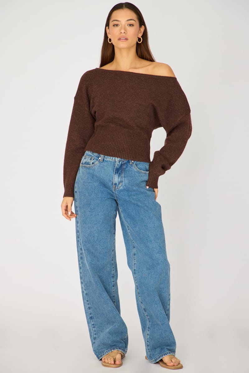 Brown Knit Top Off Shoulder Long Sleeve for Ally Fashion
