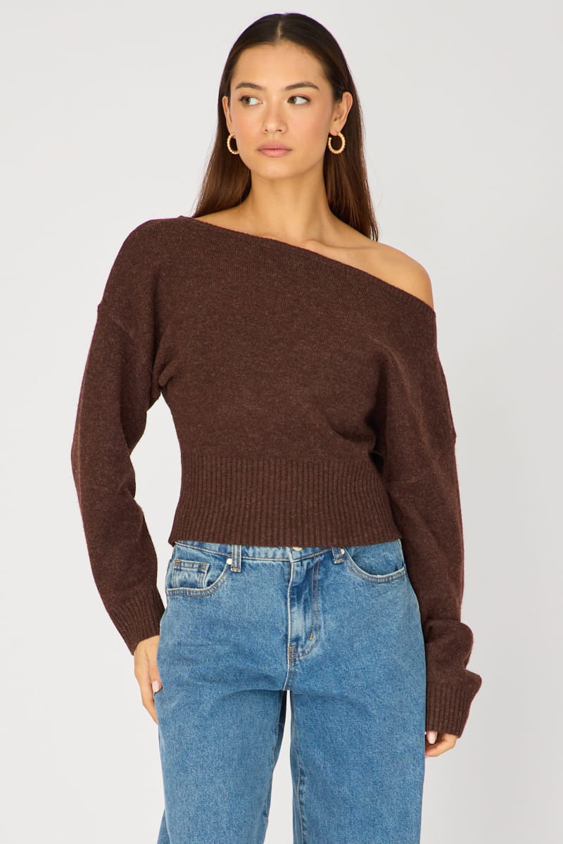 Brown Knit Top Off Shoulder Long Sleeve for Ally Fashion