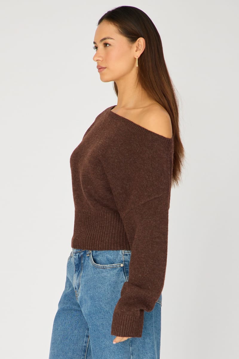 Brown Knit Top Off Shoulder Long Sleeve for Ally Fashion