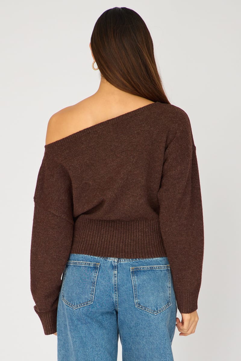 Brown Knit Top Off Shoulder Long Sleeve for Ally Fashion