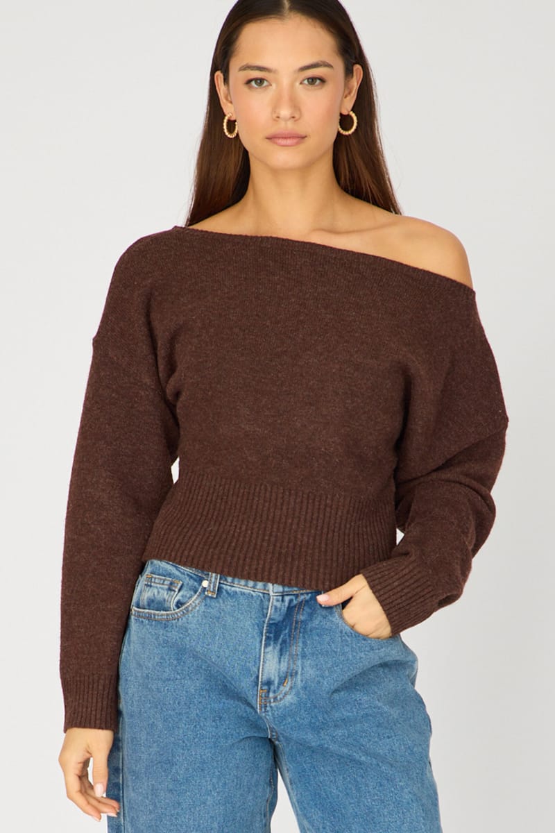 Brown Knit Top Off Shoulder Long Sleeve for Ally Fashion