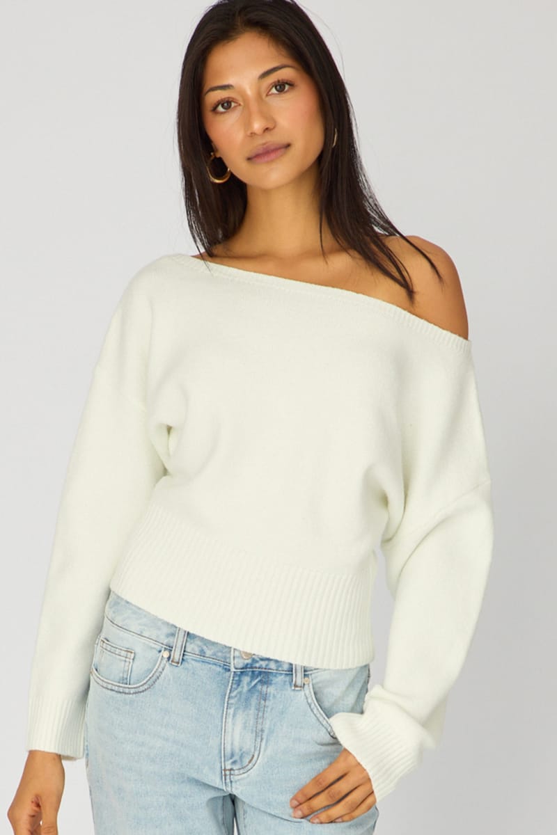 White Knit Top Off Shoulder Long Sleeve for Ally Fashion