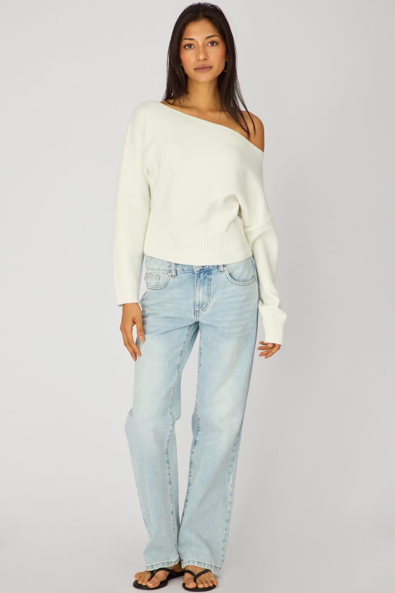 White Knit Top Off Shoulder Long Sleeve for Ally Fashion