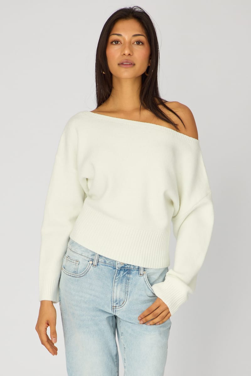 White Knit Top Off Shoulder Long Sleeve for Ally Fashion