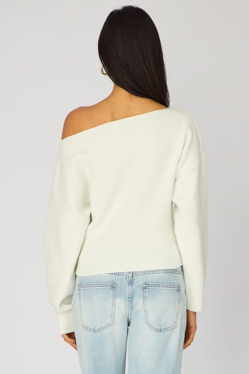 White Knit Top Off Shoulder Long Sleeve for Ally Fashion