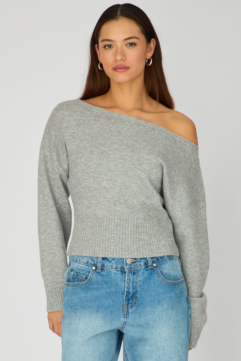 Grey Knit Top Off-Shoulder Long-Sleeve from Ally Fashion