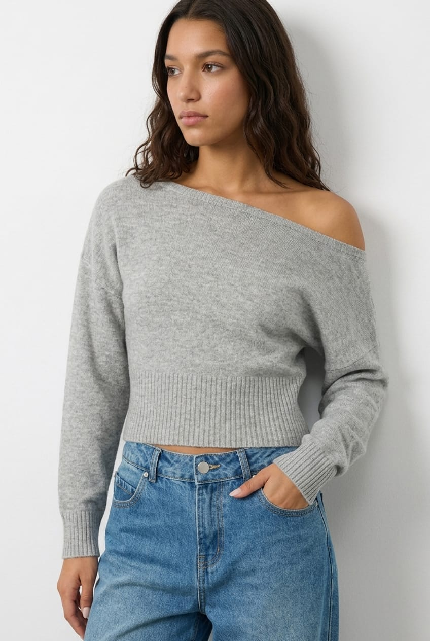 Grey Knit Top Off Shoulder Long Sleeve for Ally Fashion