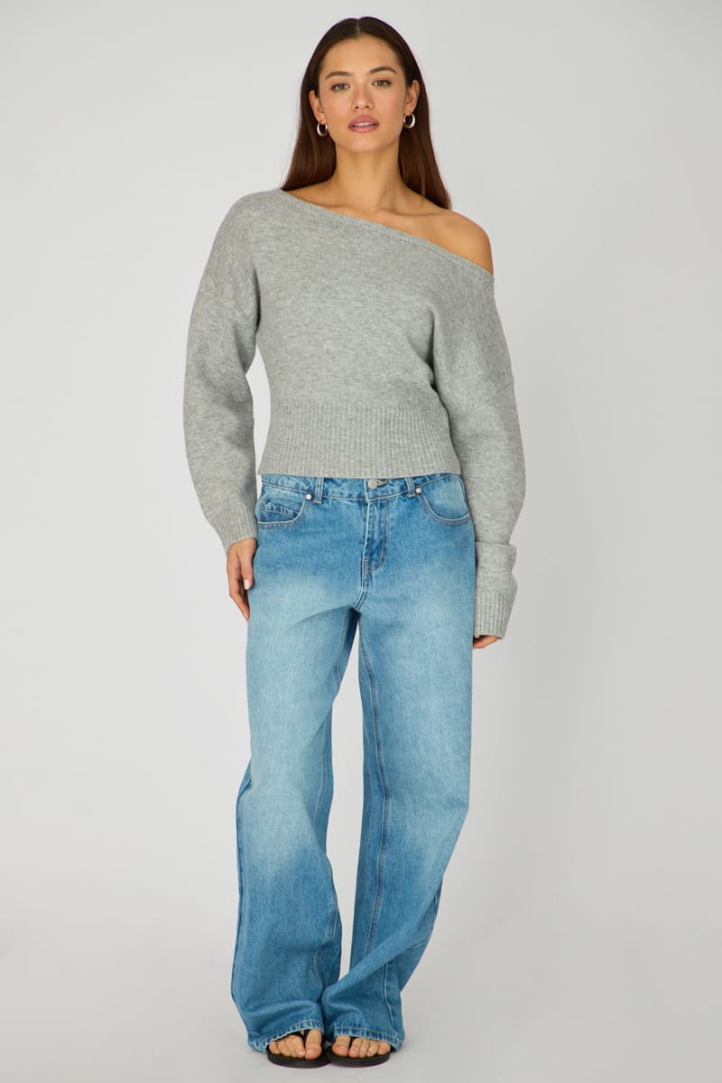 Grey Knit Top Off Shoulder Long Sleeve for Ally Fashion