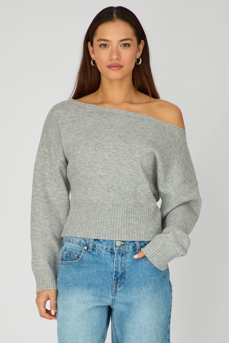 Grey Knit Top Off Shoulder Long Sleeve for Ally Fashion