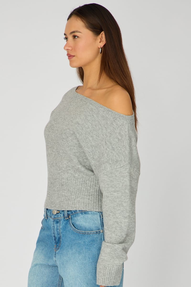 Grey Knit Top Off Shoulder Long Sleeve for Ally Fashion