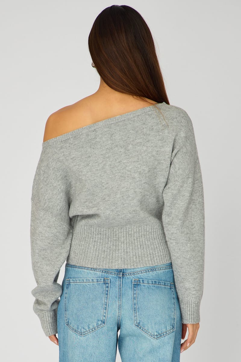 Grey Knit Top Off Shoulder Long Sleeve for Ally Fashion