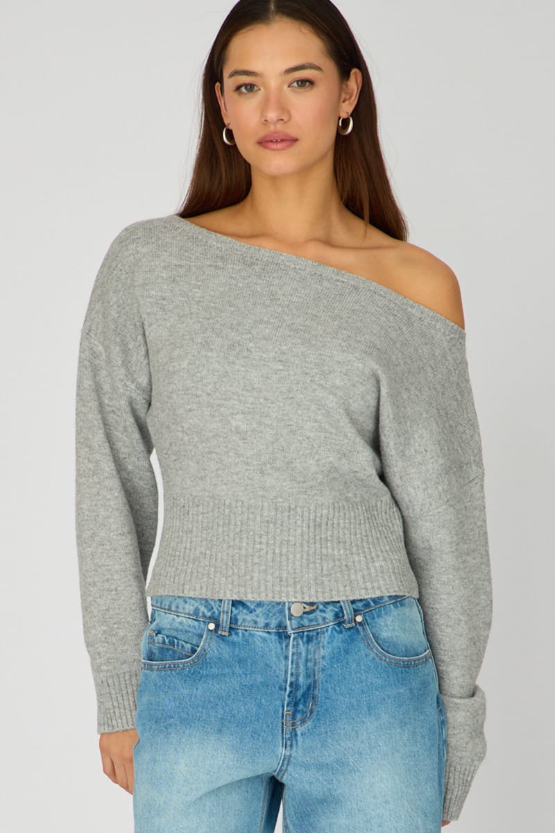 Grey Knit Top Off Shoulder Long Sleeve for Ally Fashion