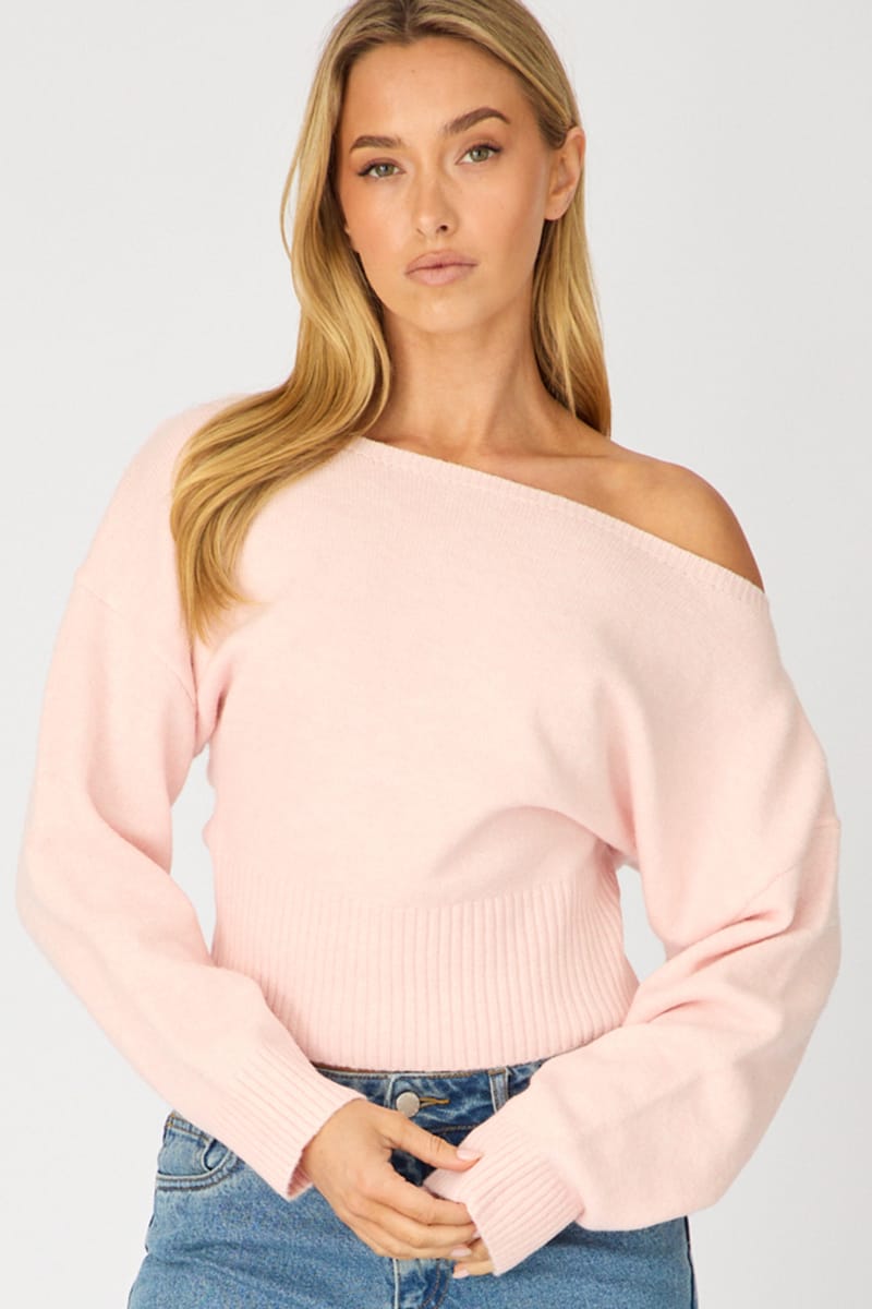 Pink Knit Top Off Shoulder Long Sleeve for Ally Fashion