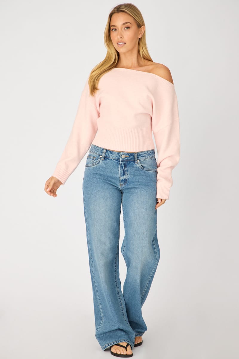 Pink Knit Top Off Shoulder Long Sleeve for Ally Fashion