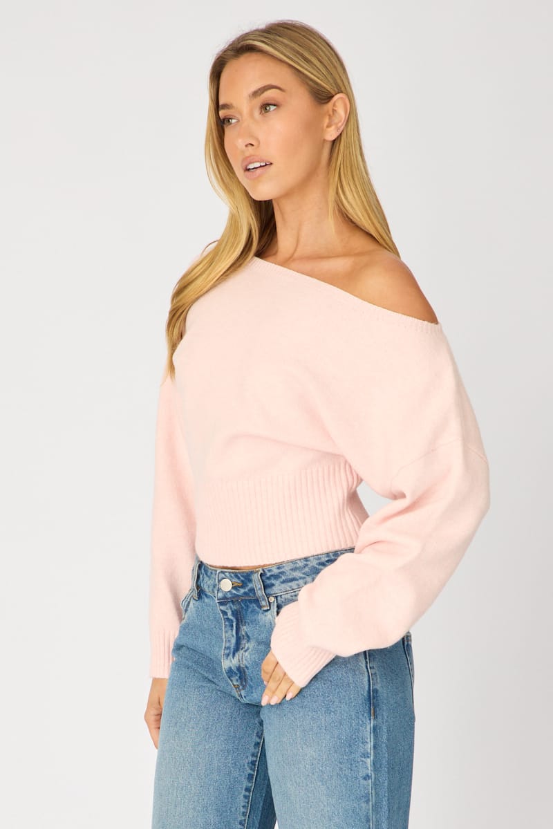 Pink Knit Top Off Shoulder Long Sleeve for Ally Fashion