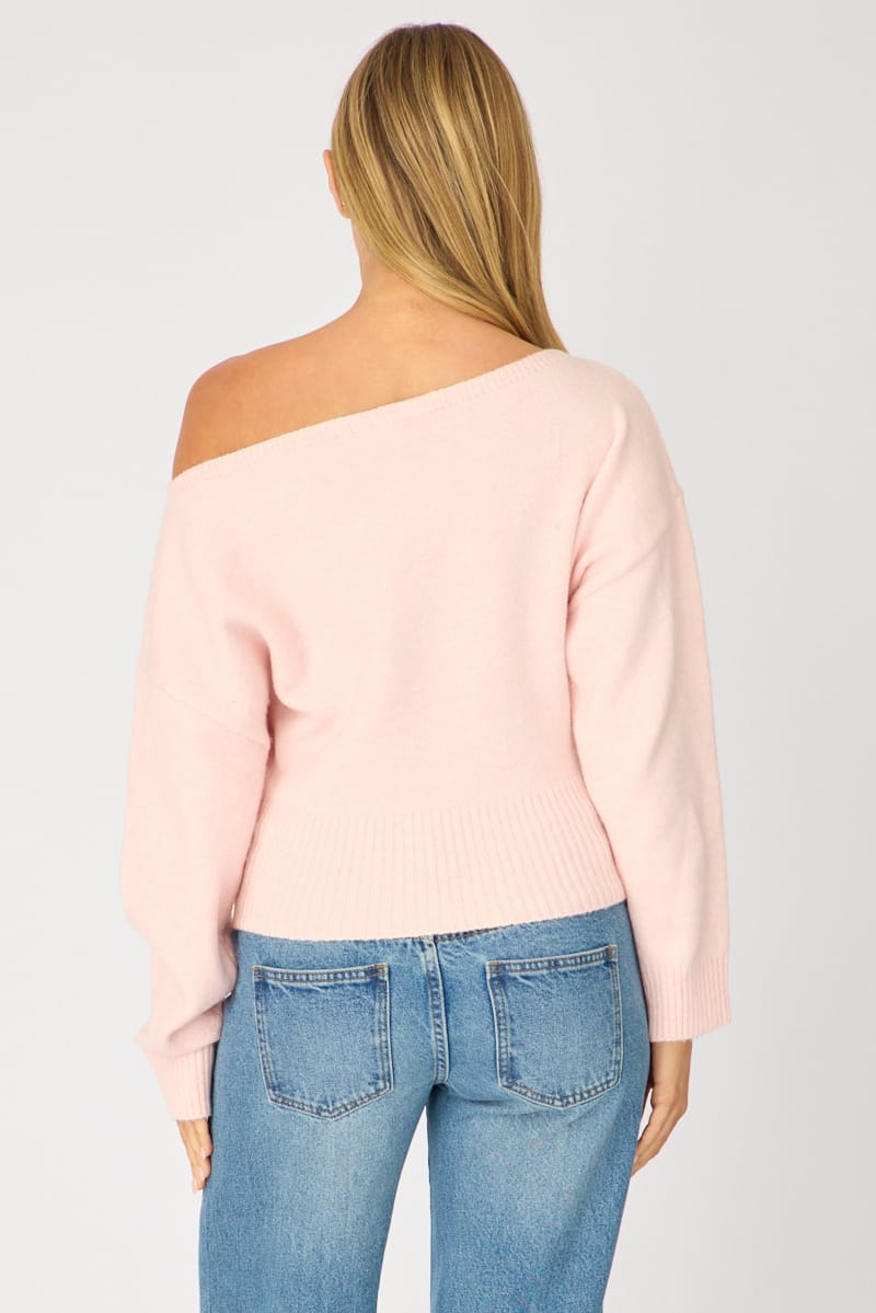 Pink Knit Top Off Shoulder Long Sleeve for Ally Fashion