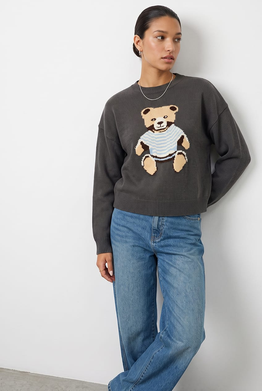 Grey Graphic Knit Jumper Teddy-Bear Design from Ally Fashion