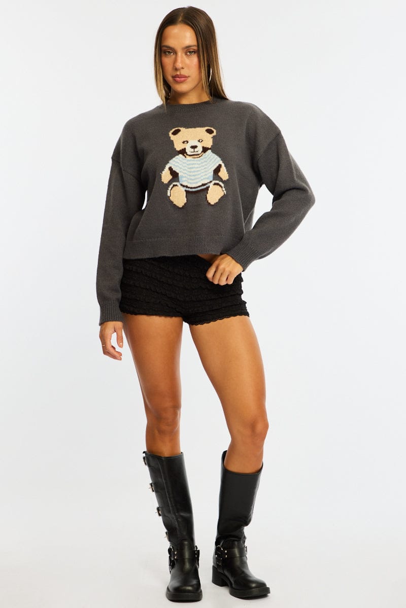 Grey Graphic Knit Jumper Teddy Bear Design for Ally Fashion