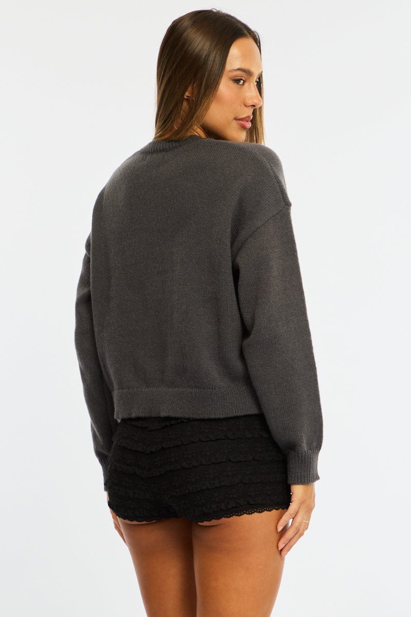 Grey Graphic Knit Jumper Teddy Bear Design for Ally Fashion