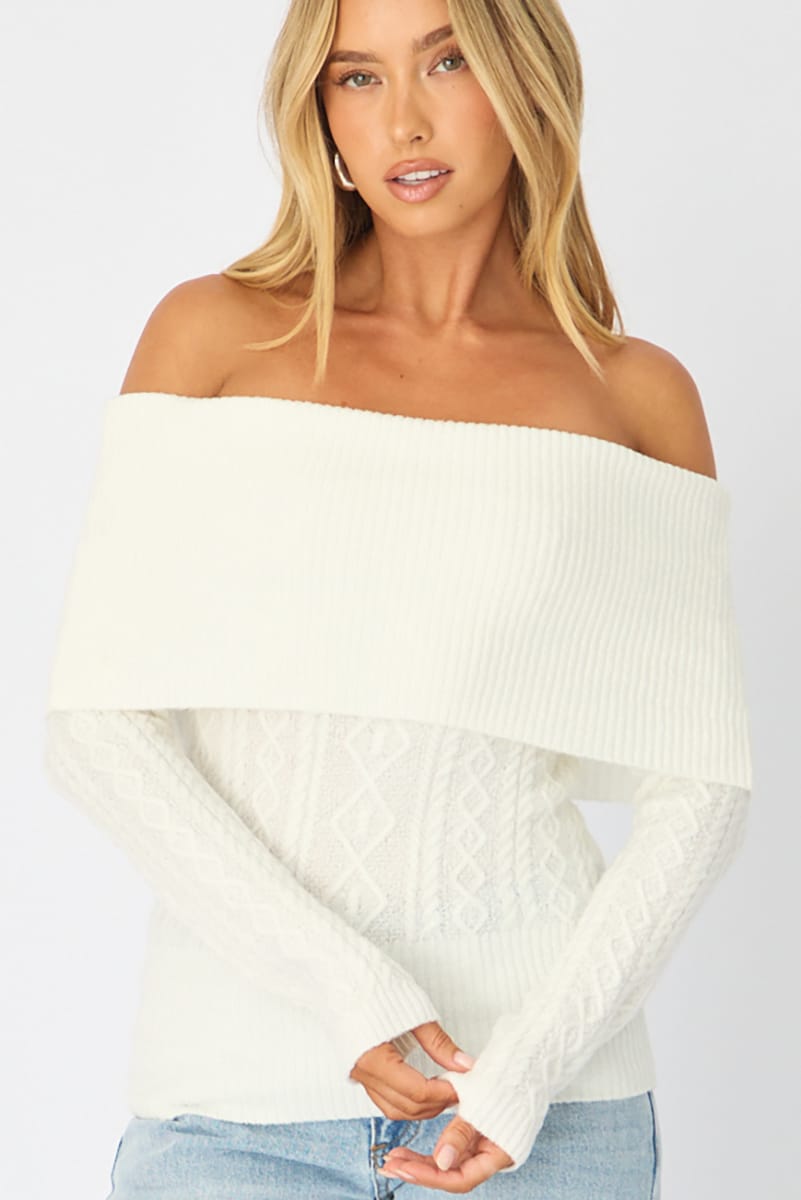 White Cable Knit Top Long Sleeve Off Shoulder for Ally Fashion