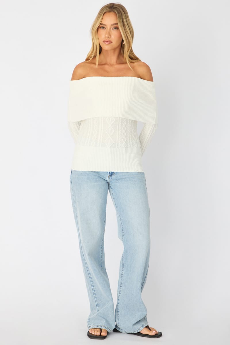 White Cable Knit Top Long Sleeve Off Shoulder for Ally Fashion