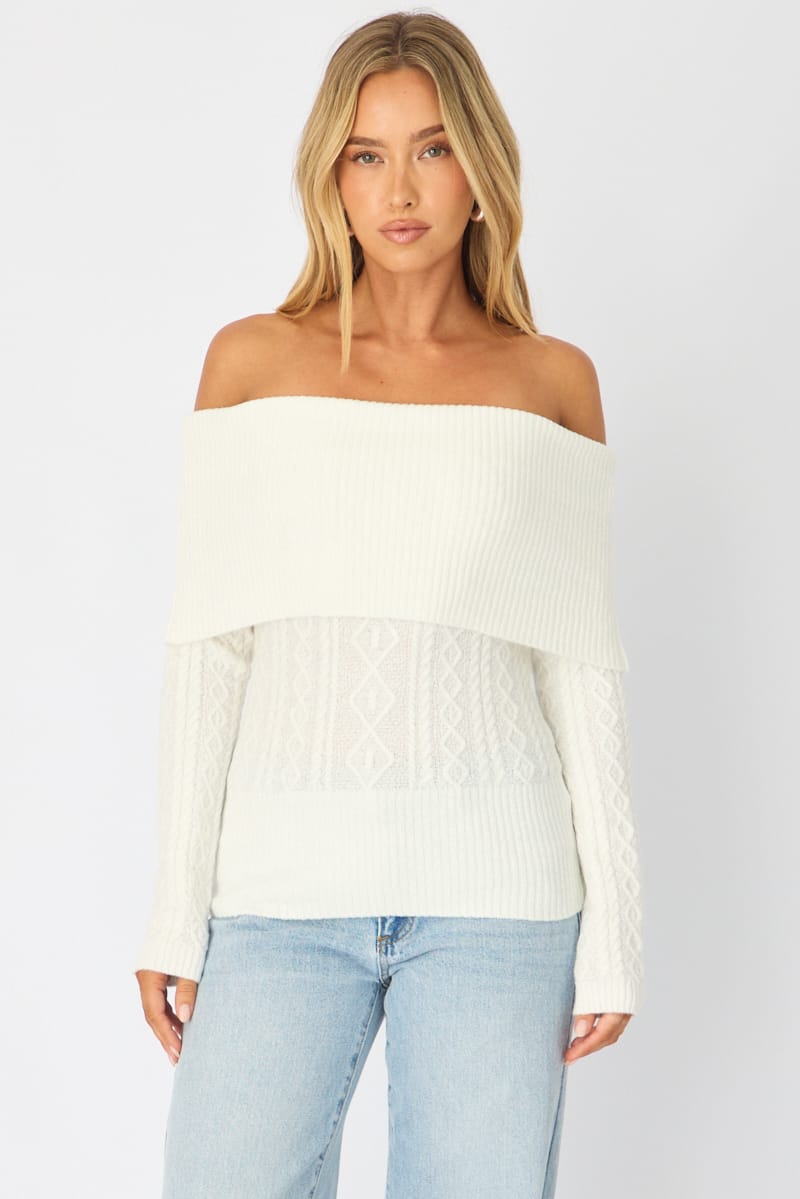 White Cable Knit Top Long Sleeve Off Shoulder for Ally Fashion