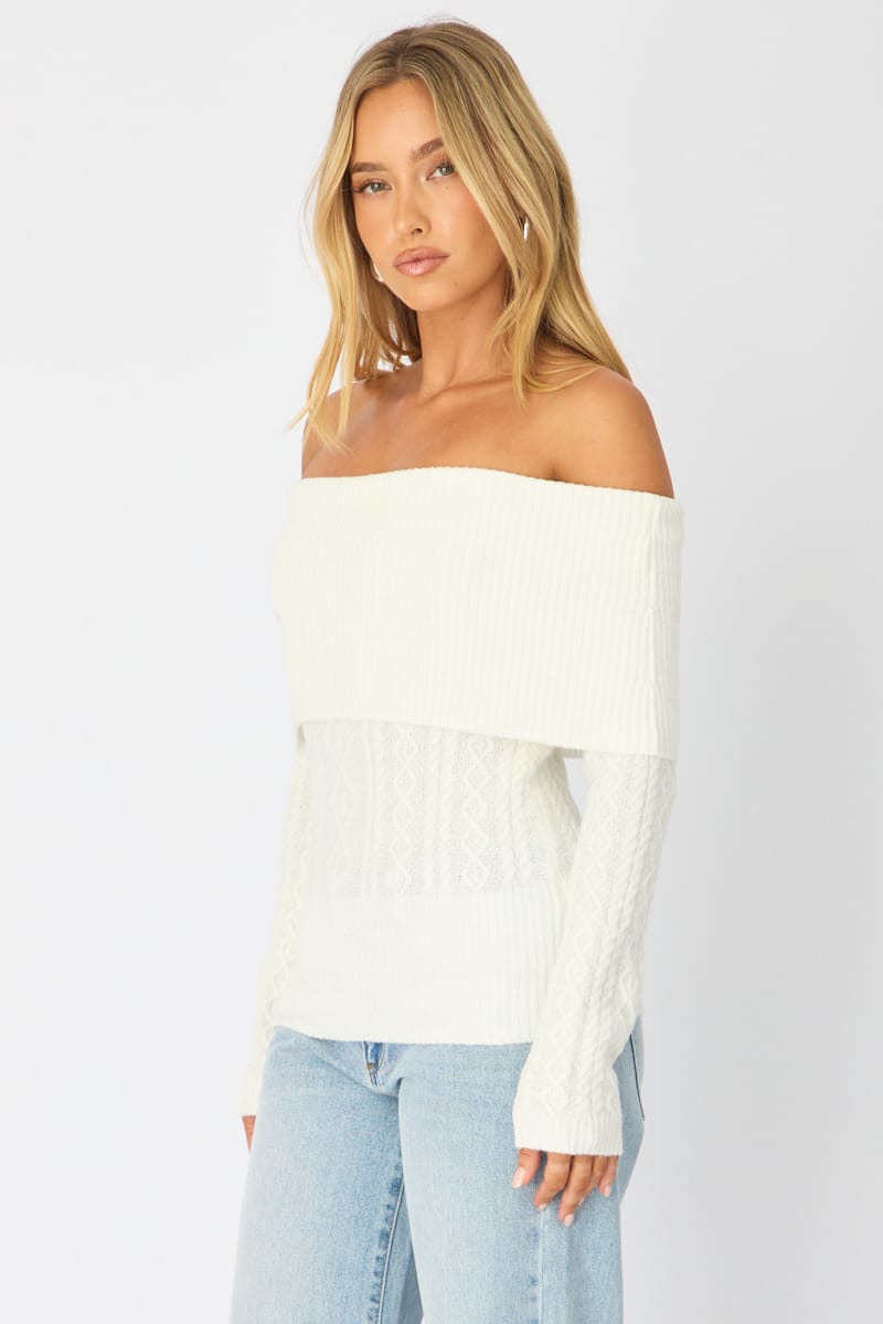 White Cable Knit Top Long Sleeve Off Shoulder for Ally Fashion
