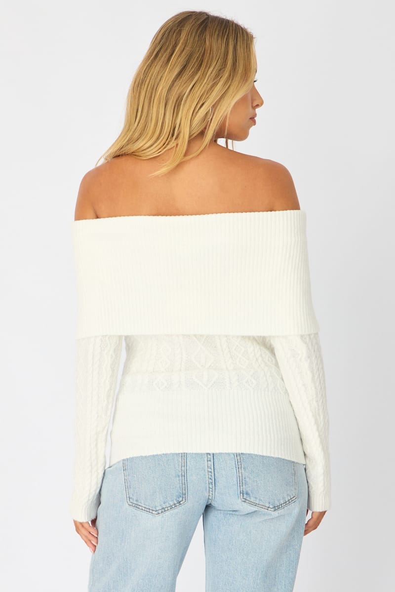 White Cable Knit Top Long Sleeve Off Shoulder for Ally Fashion