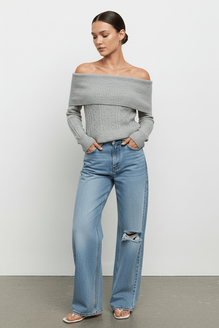 Grey Cable Knit Top Long Sleeve Off Shoulder for Ally Fashion