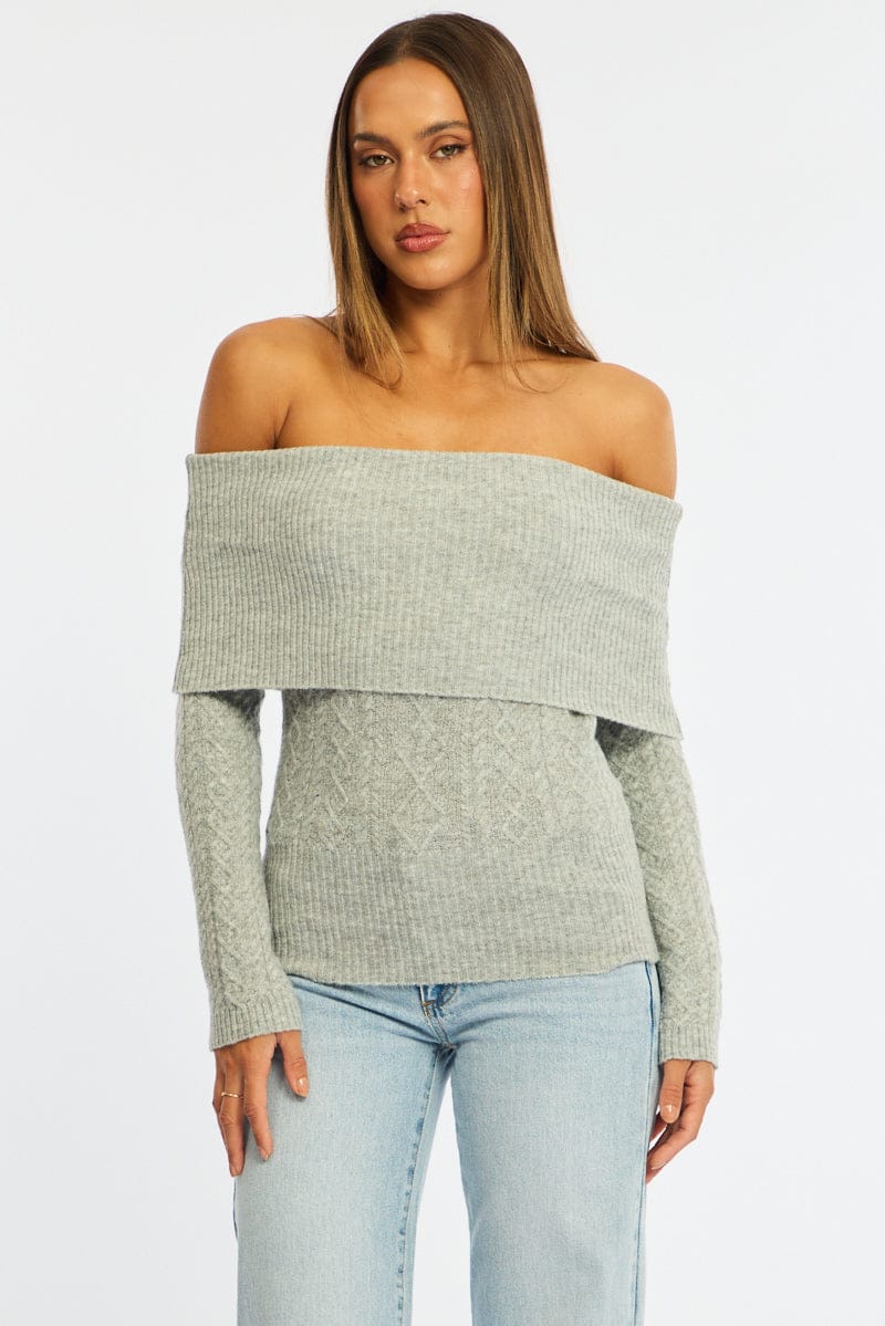 Grey Cable Knit Top Long Sleeve Off Shoulder for Ally Fashion
